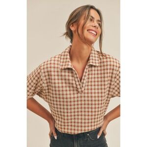 Sadie & Sage Brown Houndstooth Knit Short Sleeve Collared Polo Sweater Top Small